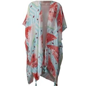 Do Everything in Love Watermelon Print Fun Summer Tassel Kimono Cover Up OS